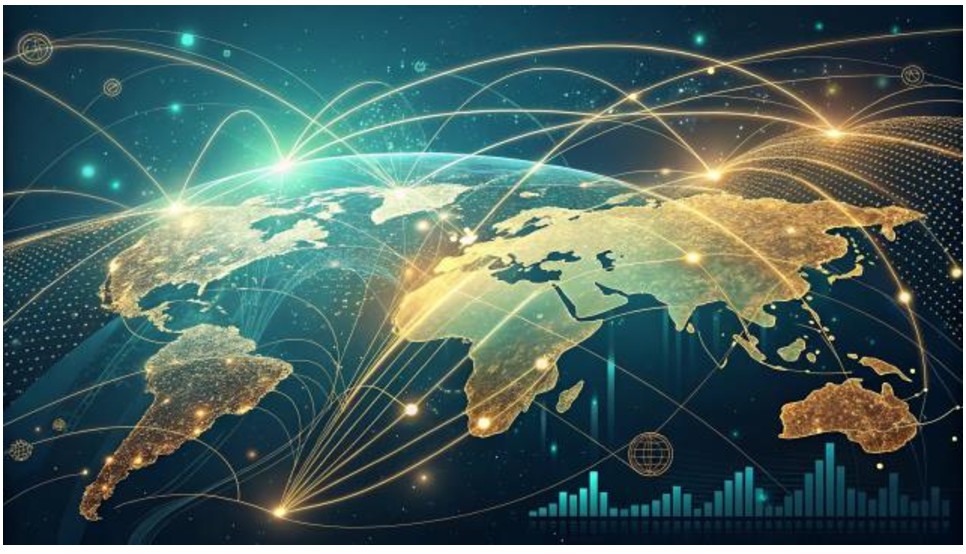 Connected global business network across a world map